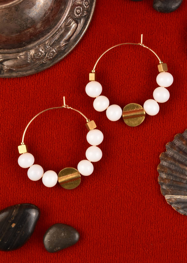 White Opal Glass Bead Hoops - Goldmakers Fine Jewelry