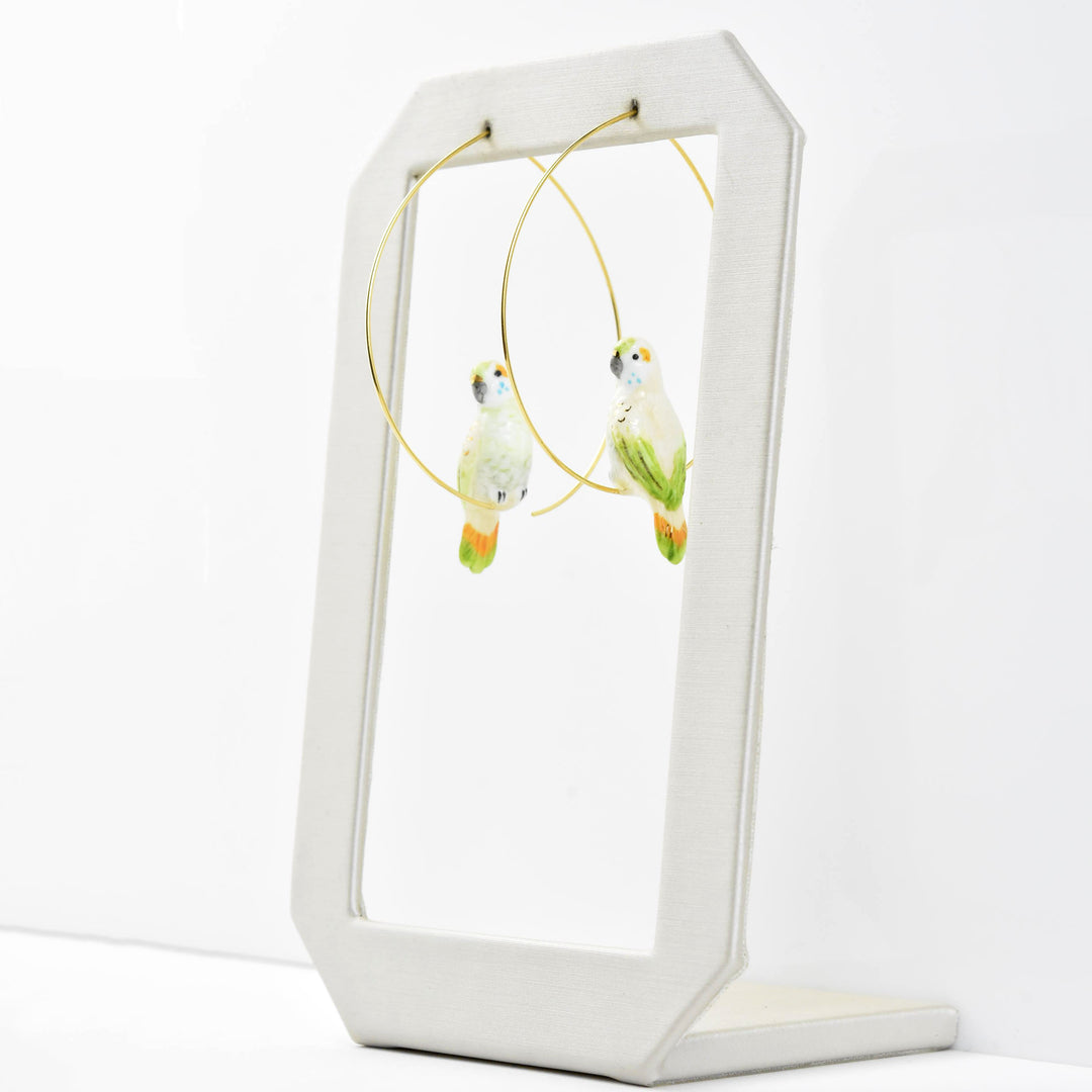 White Parakeet Hoop Earrings - Goldmakers Fine Jewelry