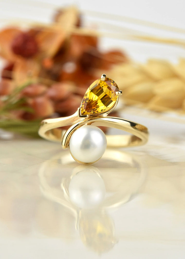 Yellow Sapphire & Pearl Moi et Toi Engagement Ring