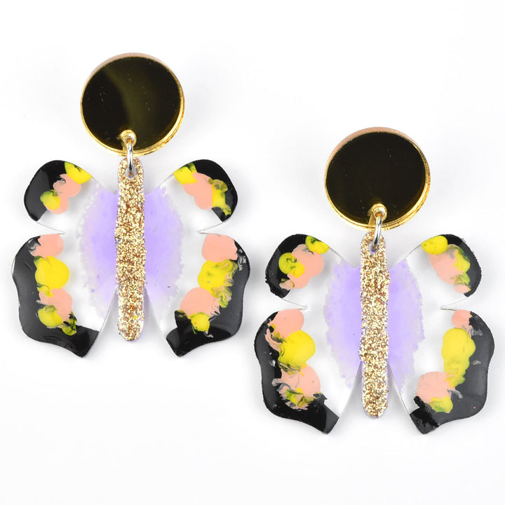Gold Glitter and Lavender Butterfly Earrings - Goldmakers Fine Jewelry
