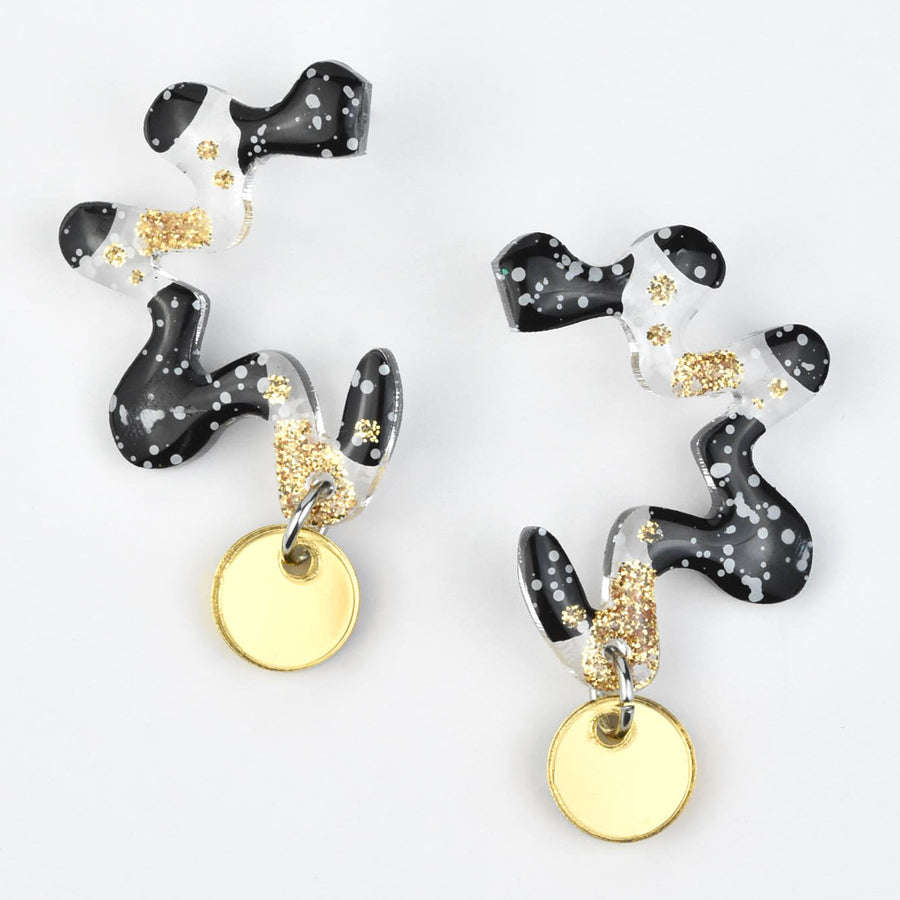 Squiggle Abstract Art Wavy Earrings, Black & Gold - Goldmakers Fine Jewelry