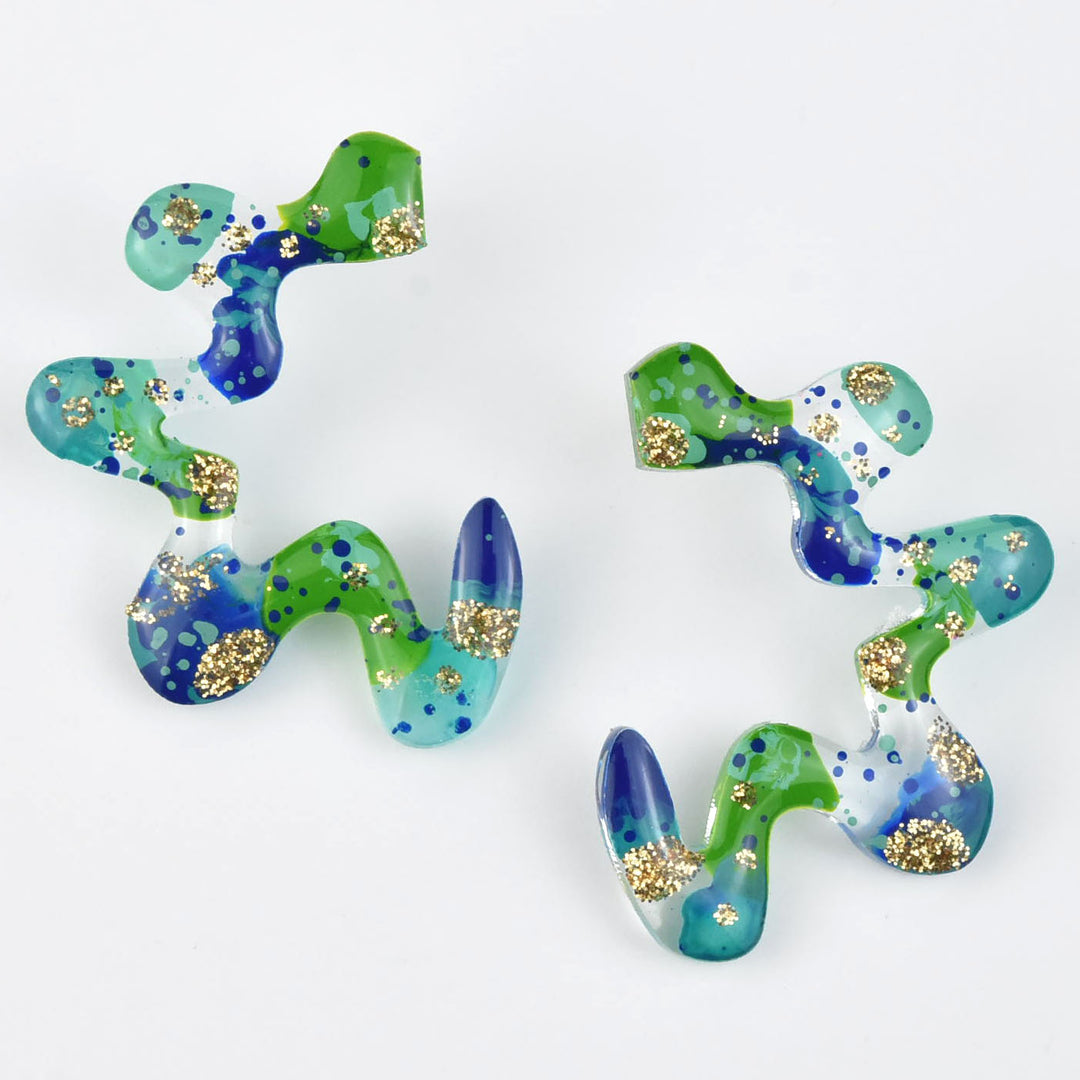 Squiggle Abstract Art Wavy Earrings, Blue & Green - Goldmakers Fine Jewelry