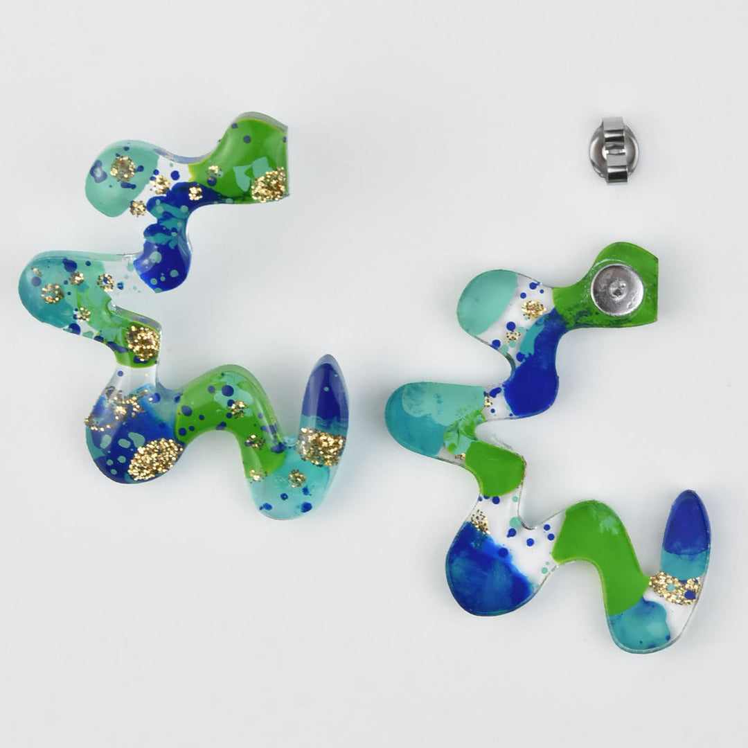 Squiggle Abstract Art Wavy Earrings, Blue & Green - Goldmakers Fine Jewelry