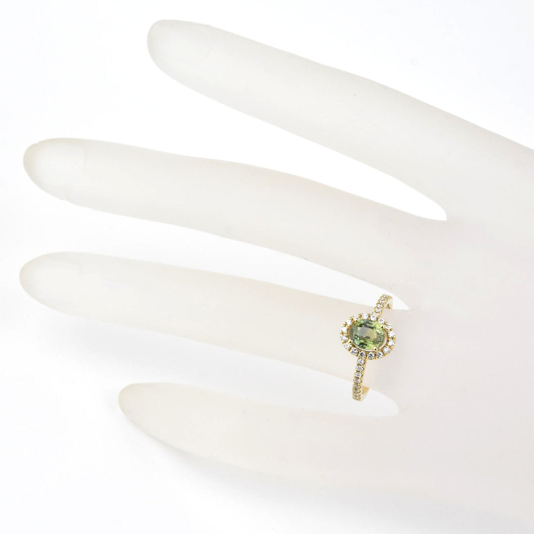Green Sapphire and Diamond Halo Ring in Yellow Gold - Goldmakers Fine Jewelry