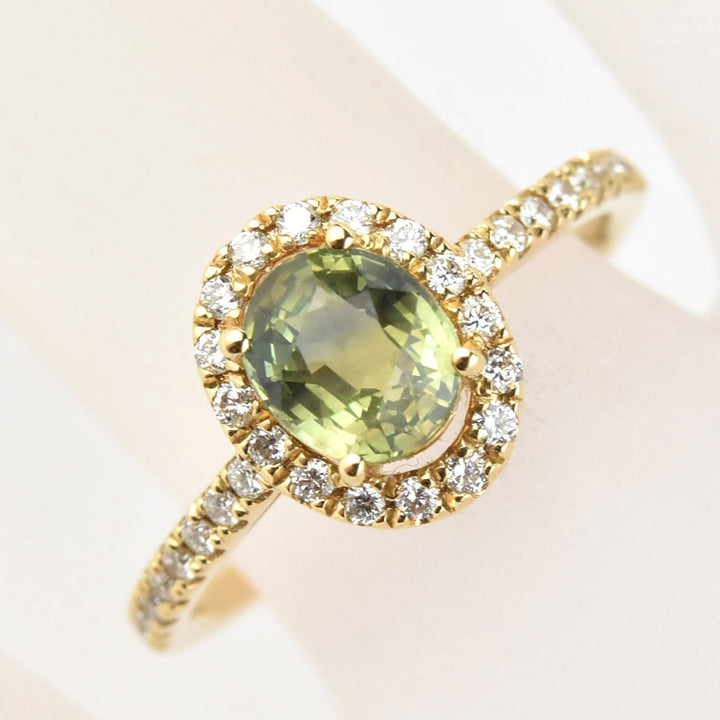 Green Sapphire and Diamond Halo Ring in Yellow Gold - Goldmakers Fine Jewelry