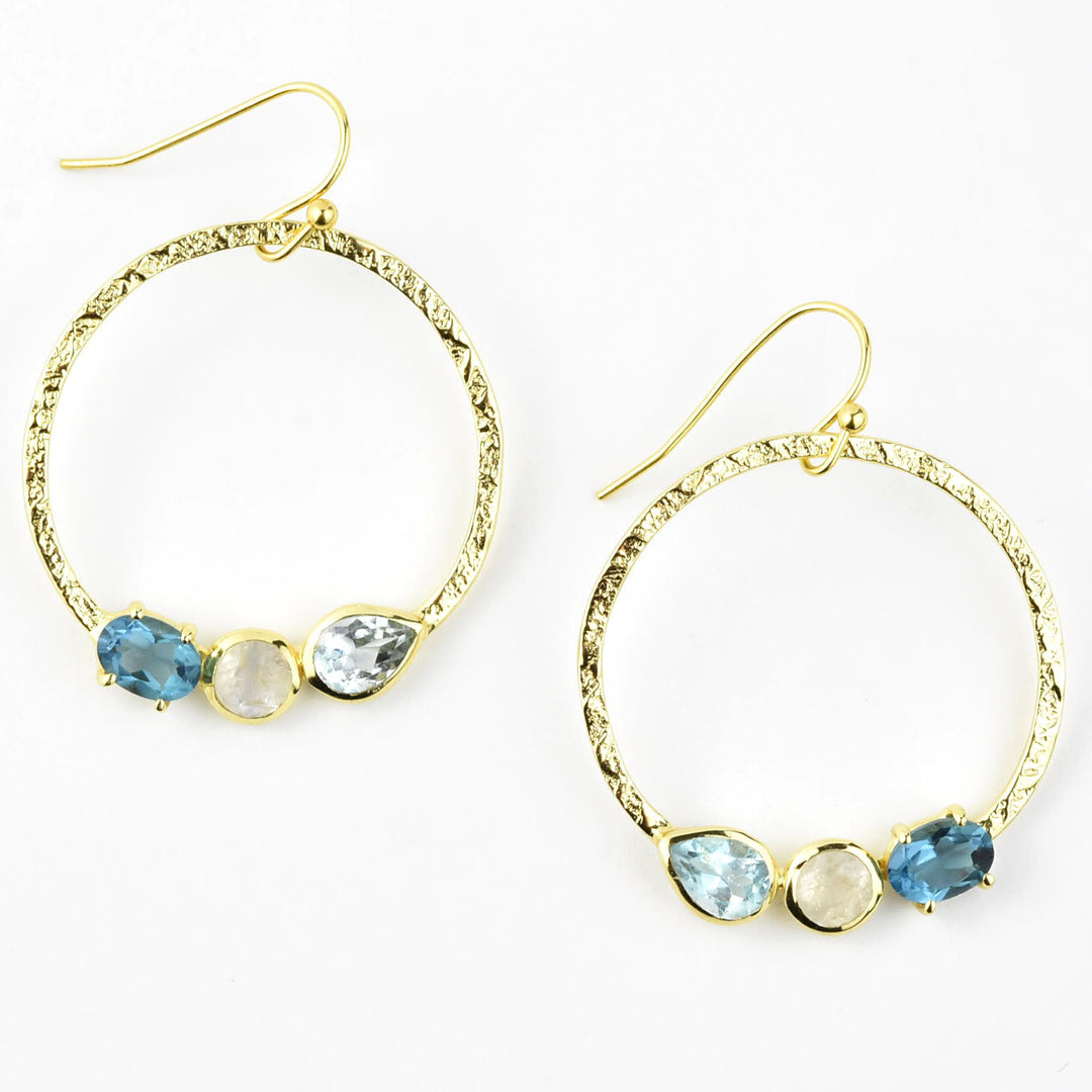 Hammered Brass, Blue Topaz & Moonstone Earrings