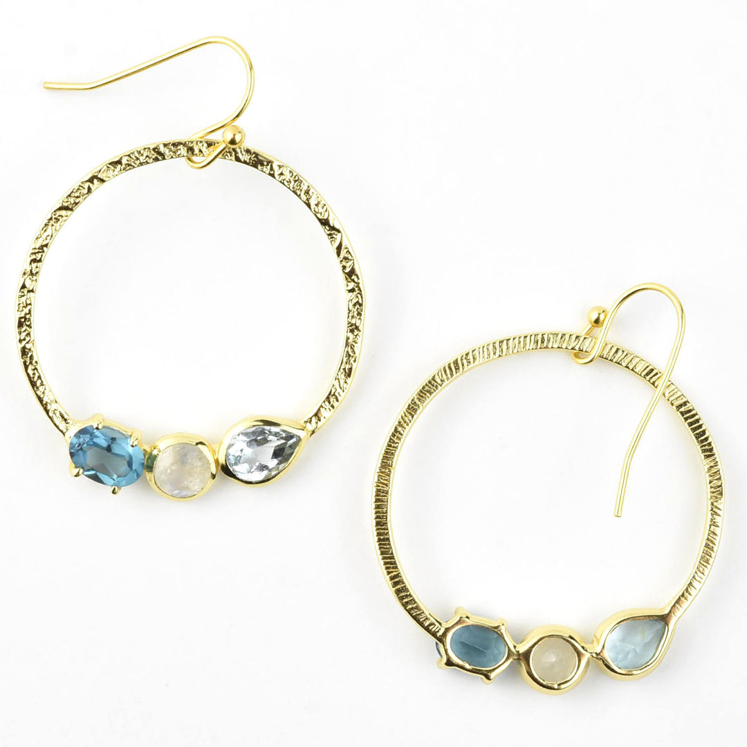 Hammered Brass, Blue Topaz & Moonstone Earrings