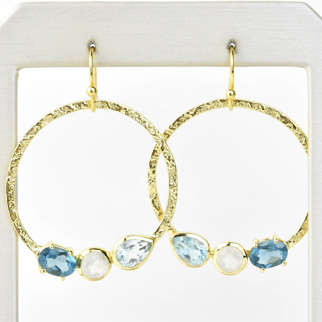 Hammered Brass, Blue Topaz & Moonstone Earrings