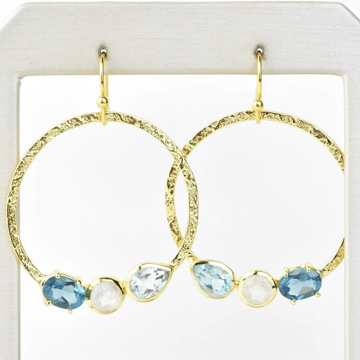 Hammered Brass, Blue Topaz & Moonstone Earrings