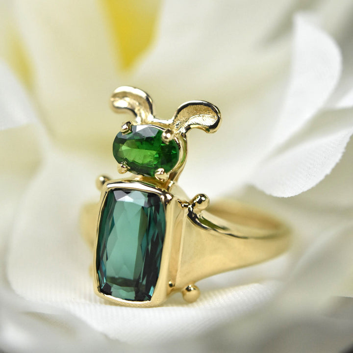 Tourmaline and Tsavorite Insect Ring in 14k Gold - Goldmakers Fine Jewelry