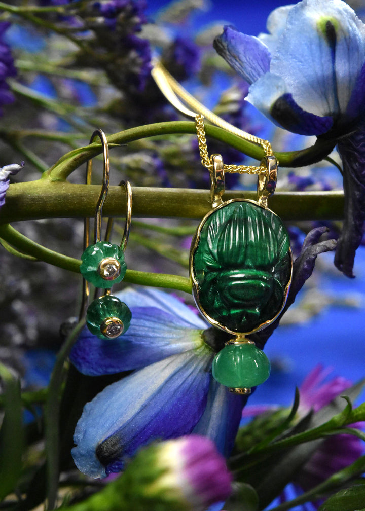 Malachite Scarab and Emerald Melon Necklace in Gold - Goldmakers Fine Jewelry
