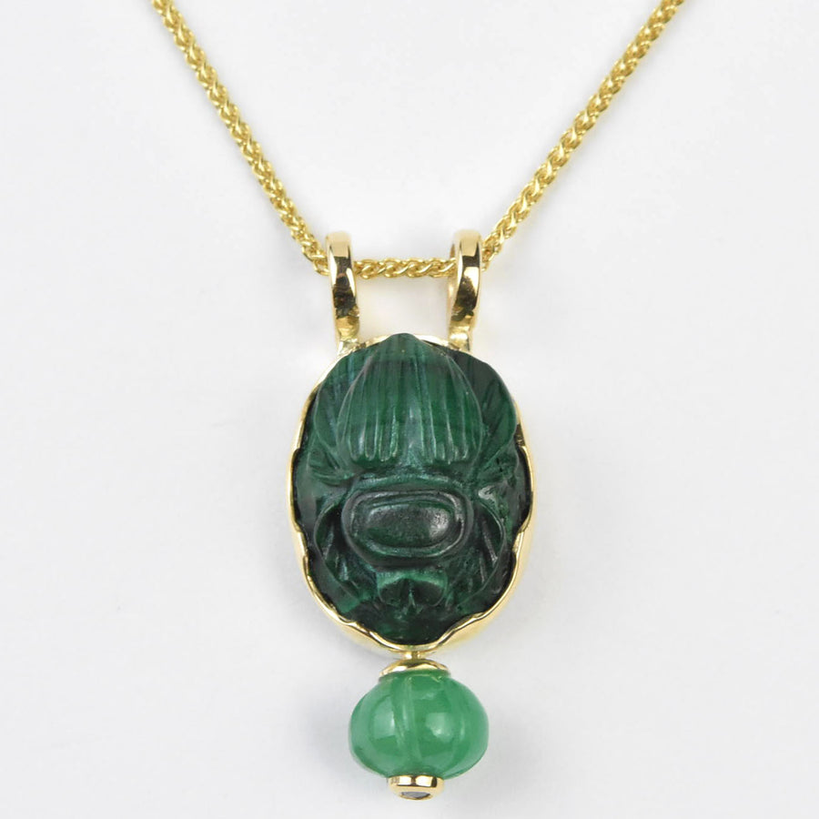 Malachite Scarab and Emerald Melon Necklace in Gold - Goldmakers Fine Jewelry