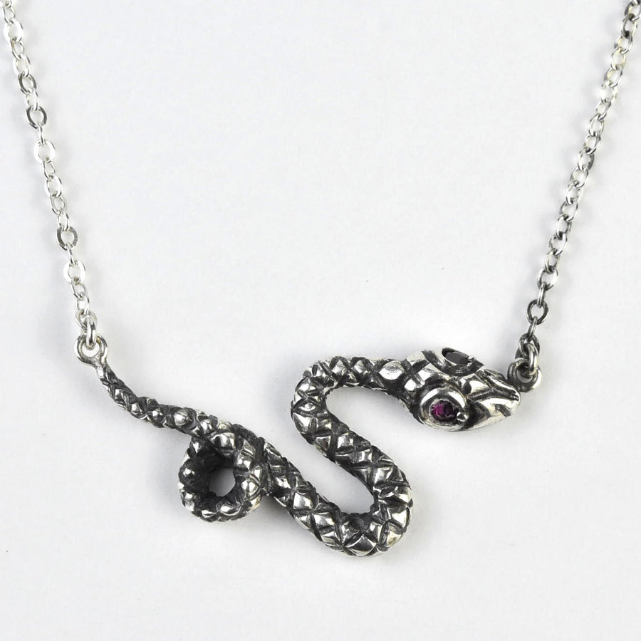 Copperhead Snake Pendant Necklace in Silver with Rubies - Goldmakers Fine Jewelry