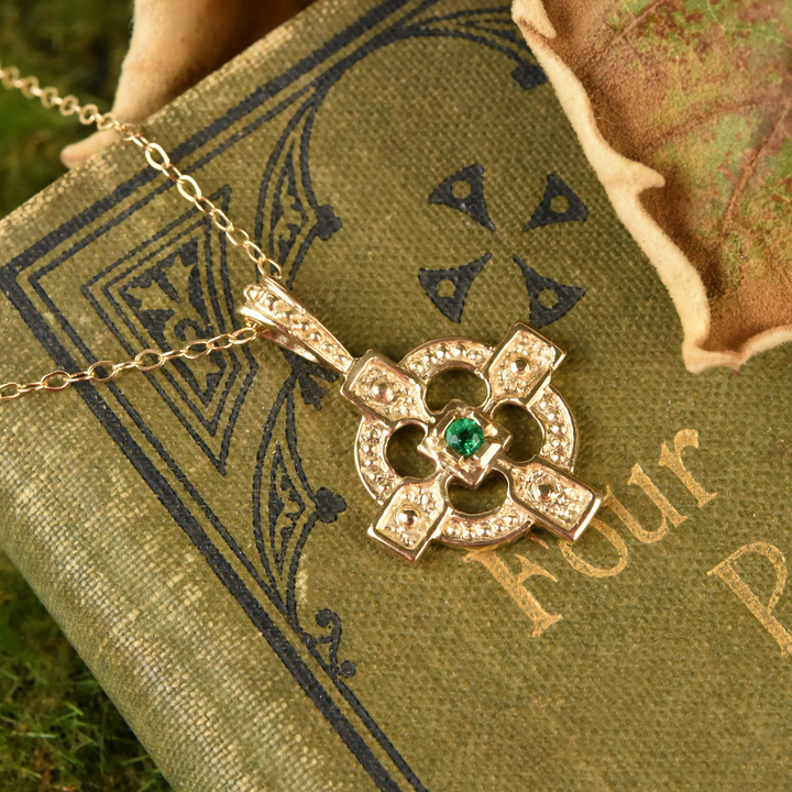 Gold Celtic Cross & Emerald Necklace - Goldmakers Fine Jewelry