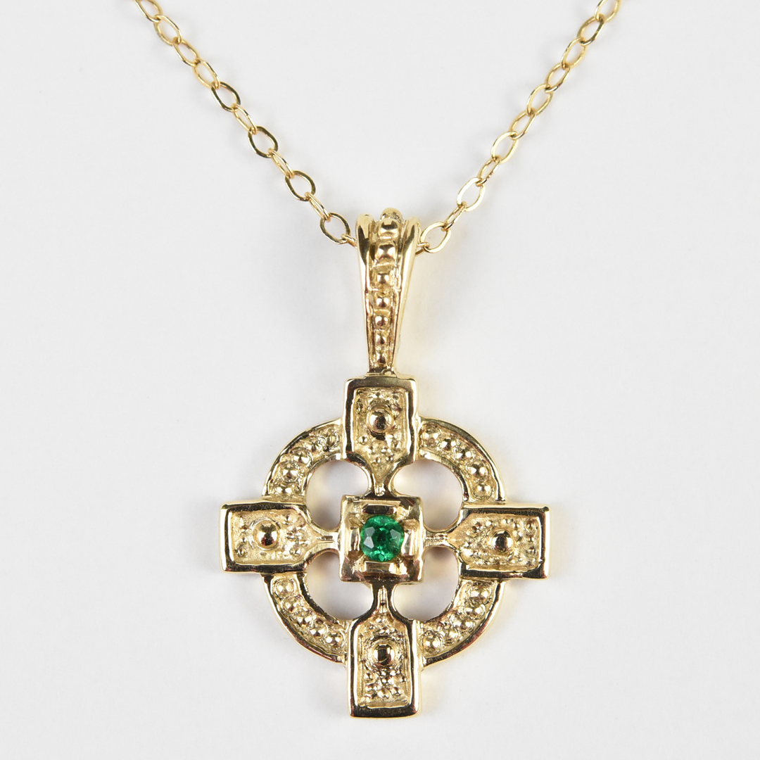 Gold Celtic Cross & Emerald Necklace - Goldmakers Fine Jewelry