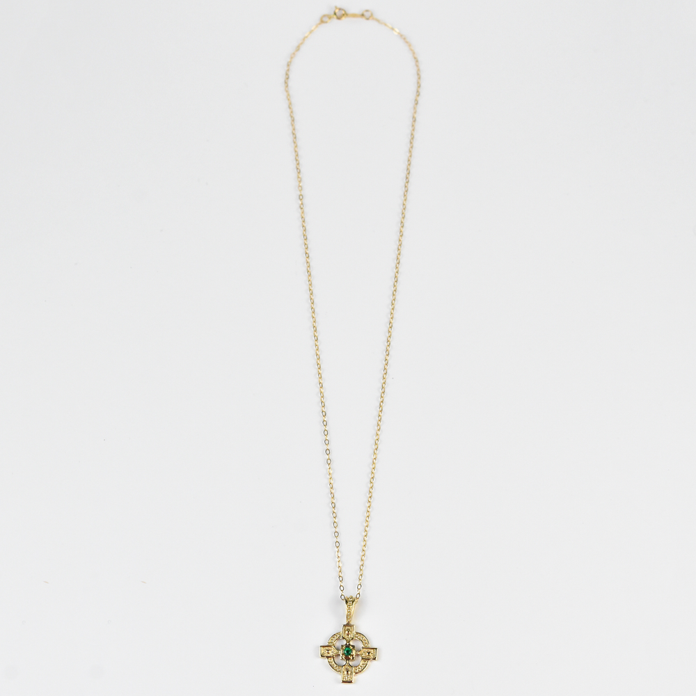 Gold Celtic Cross & Emerald Necklace - Goldmakers Fine Jewelry