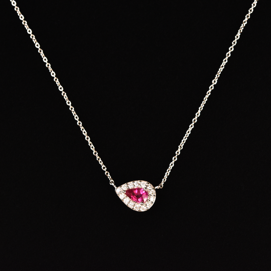 The Cora: East-West Pear-cut Ruby Halo Necklace in White Gold - Goldmakers Fine Jewelry
