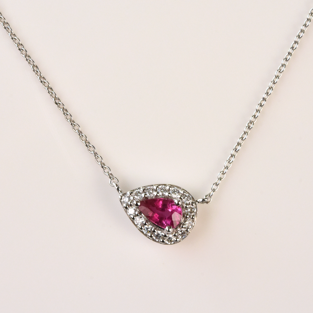 The Cora: East-West Pear-cut Ruby Halo Necklace in White Gold - Goldmakers Fine Jewelry