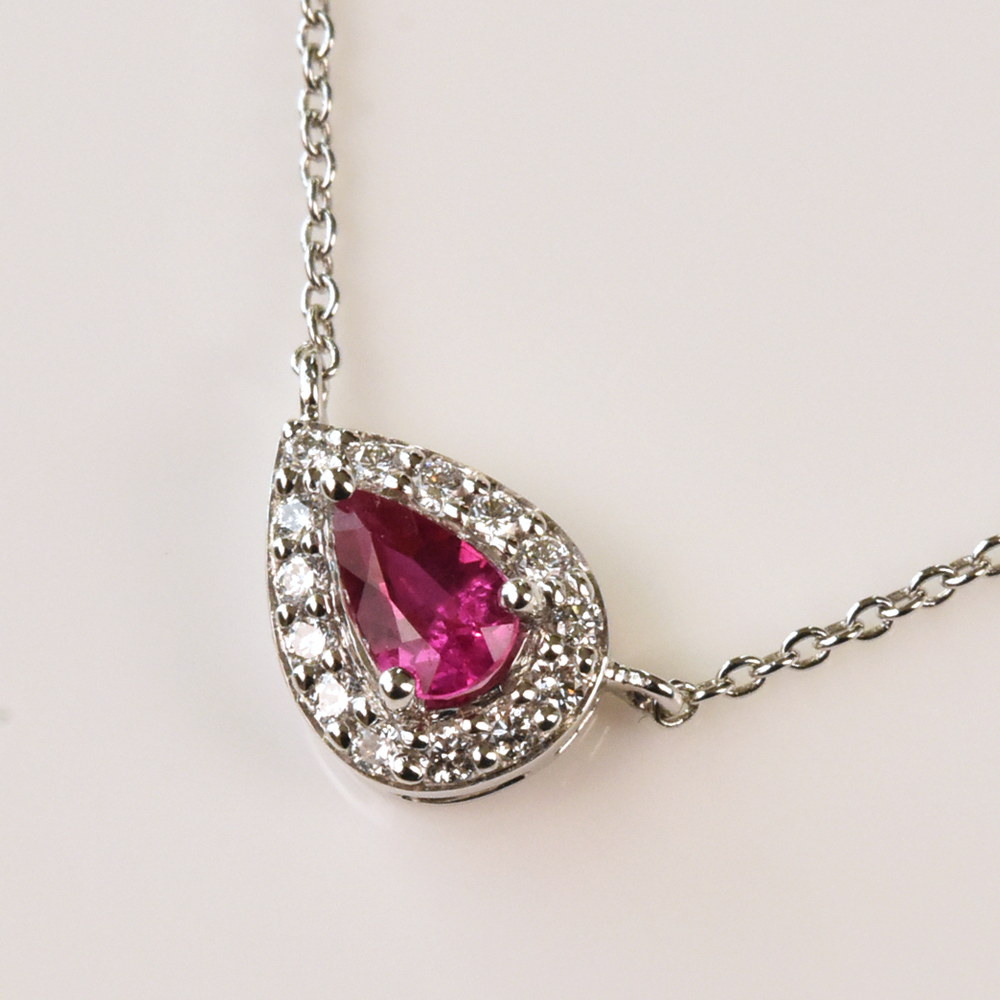 The Cora: East-West Pear-cut Ruby Halo Necklace in White Gold - Goldmakers Fine Jewelry
