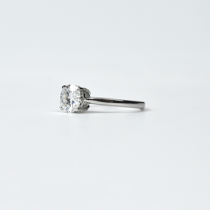 Moissanite and Platinum Solitaire Ring with Diamond accents - Goldmakers Fine Jewelry