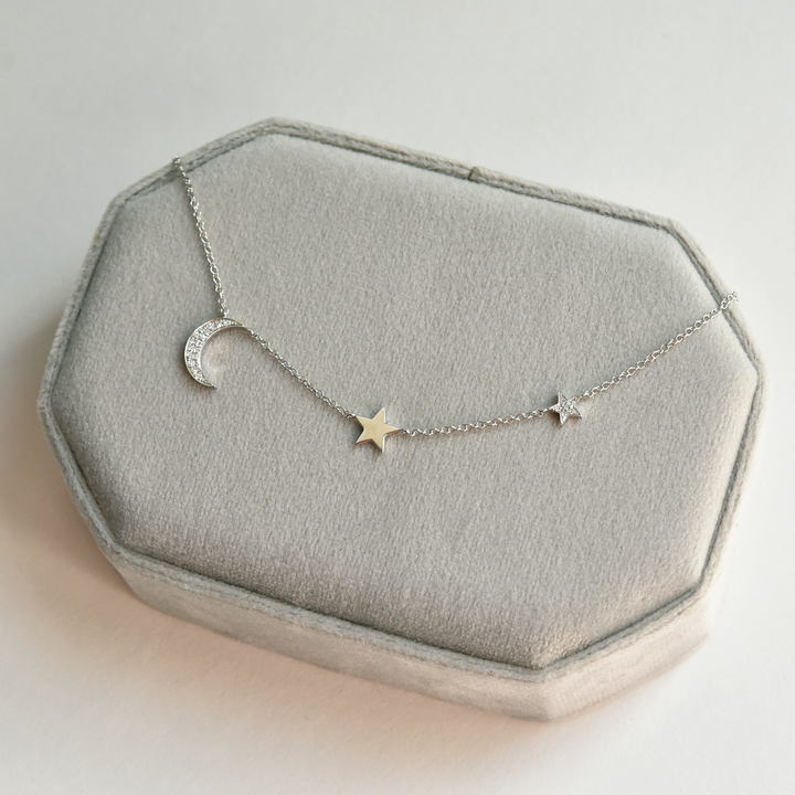 Diamond Moon and Stars Necklace - Goldmakers Fine Jewelry