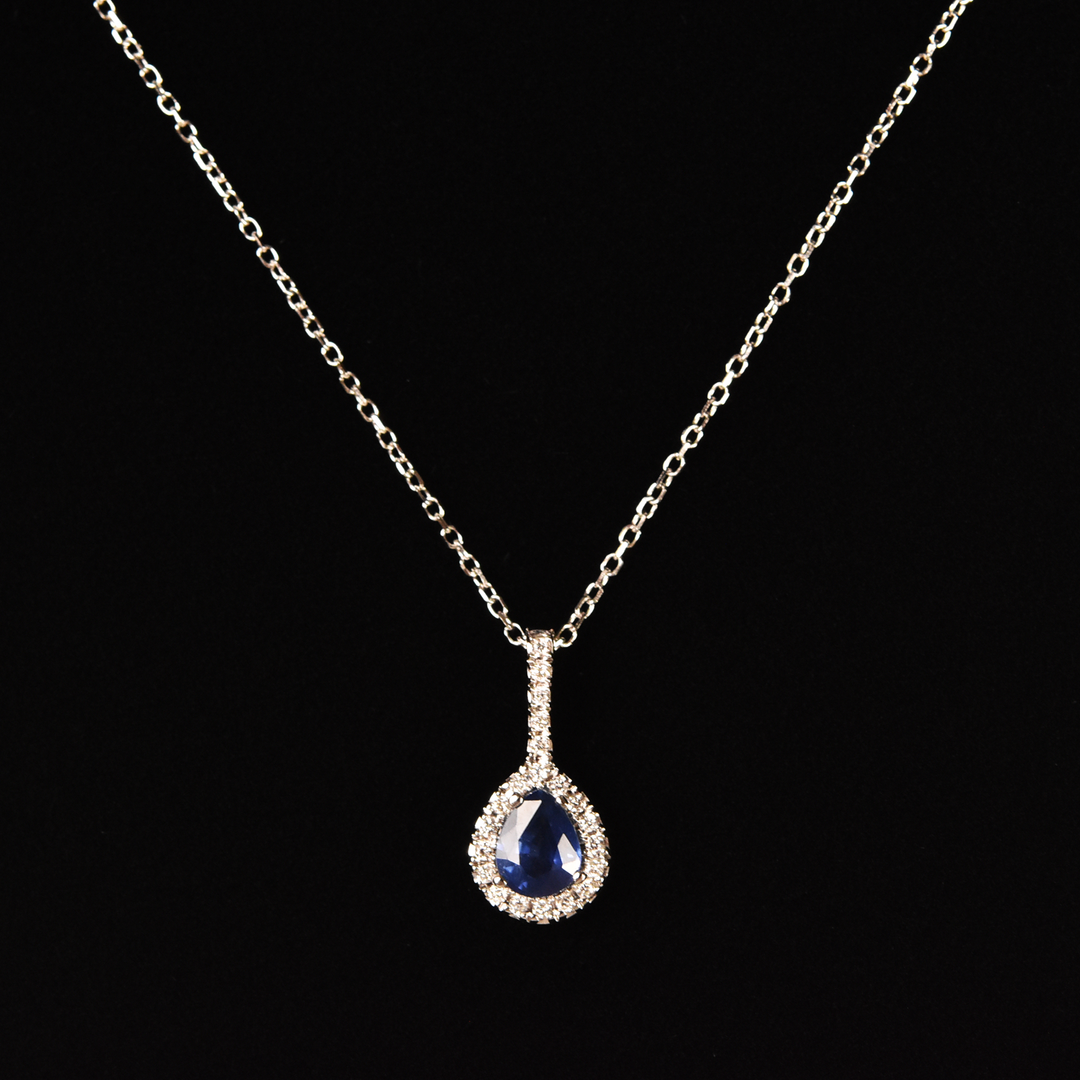 The Lorna: Pear-cut Sapphire Necklace in White Gold - Goldmakers Fine Jewelry