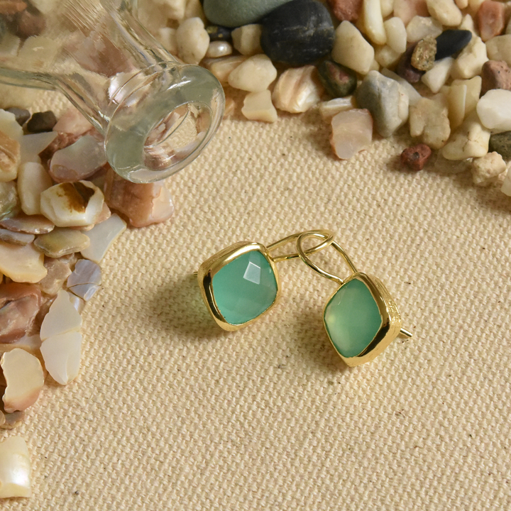 Bezel Set Aqua Chalcedony Drop Earrings - Goldmakers Fine Jewelry