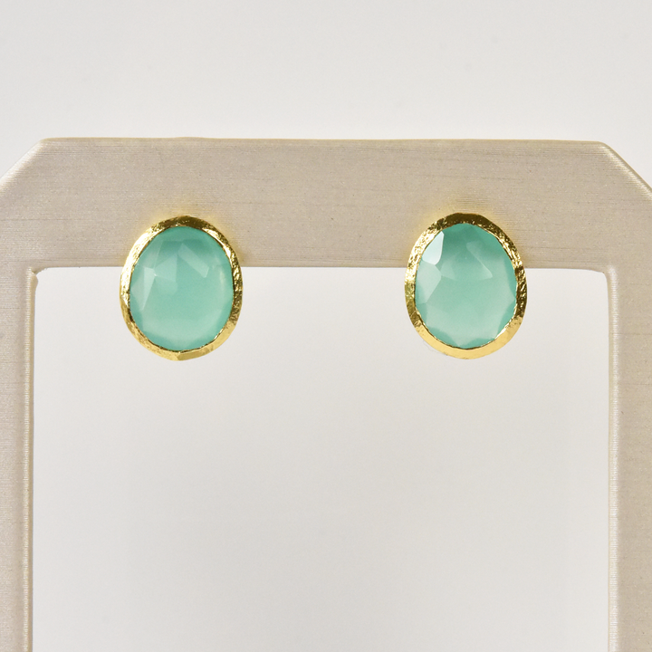 Bezel Set Aqua Chalcedony Stud Earrings - Goldmakers Fine Jewelry