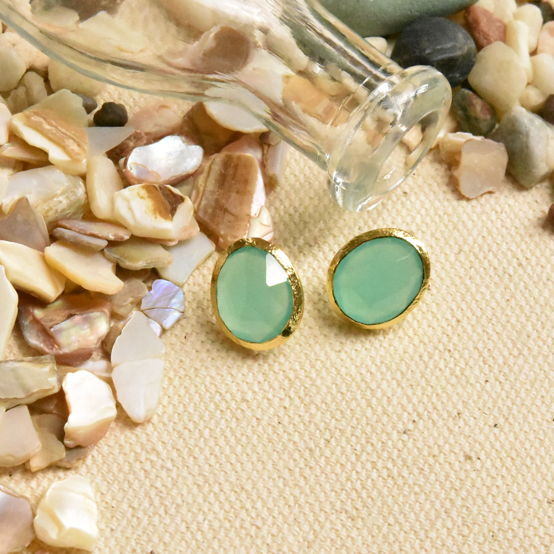 Bezel Set Aqua Chalcedony Stud Earrings - Goldmakers Fine Jewelry