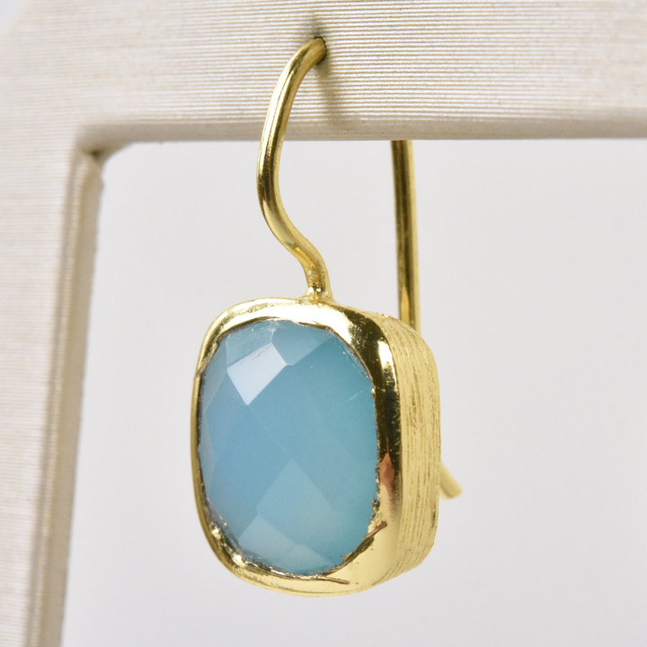 Bezel Set Blue Chalcedony Drop Earrings - Goldmakers Fine Jewelry