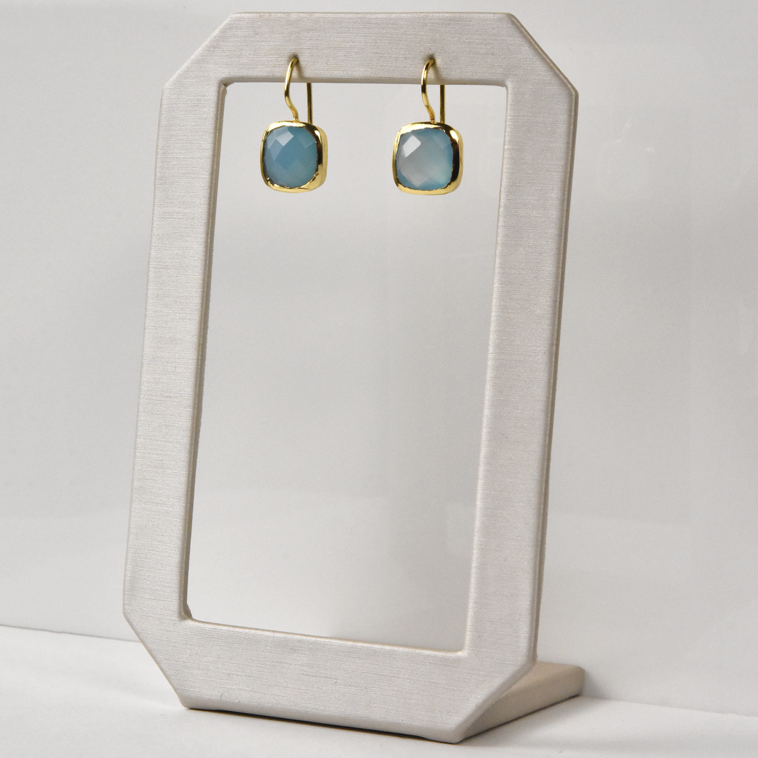 Bezel Set Blue Chalcedony Drop Earrings - Goldmakers Fine Jewelry