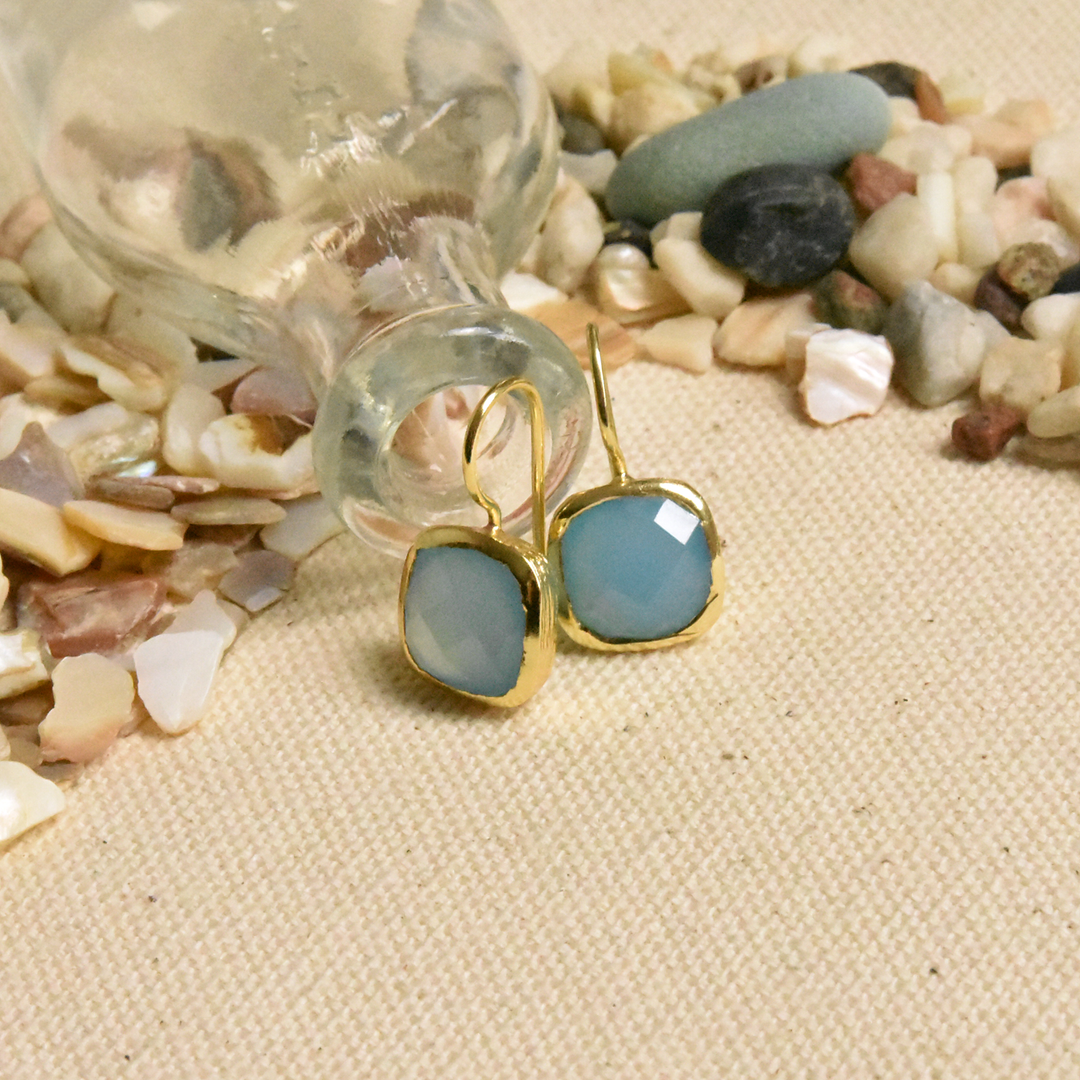 Bezel Set Blue Chalcedony Drop Earrings - Goldmakers Fine Jewelry