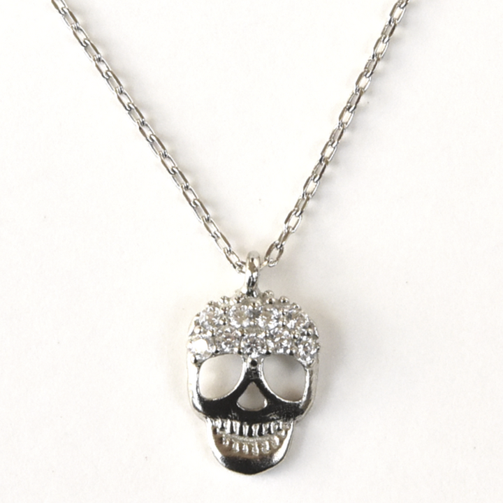 Silver Memento Mori Necklace with Crystals - Goldmakers Fine Jewelry