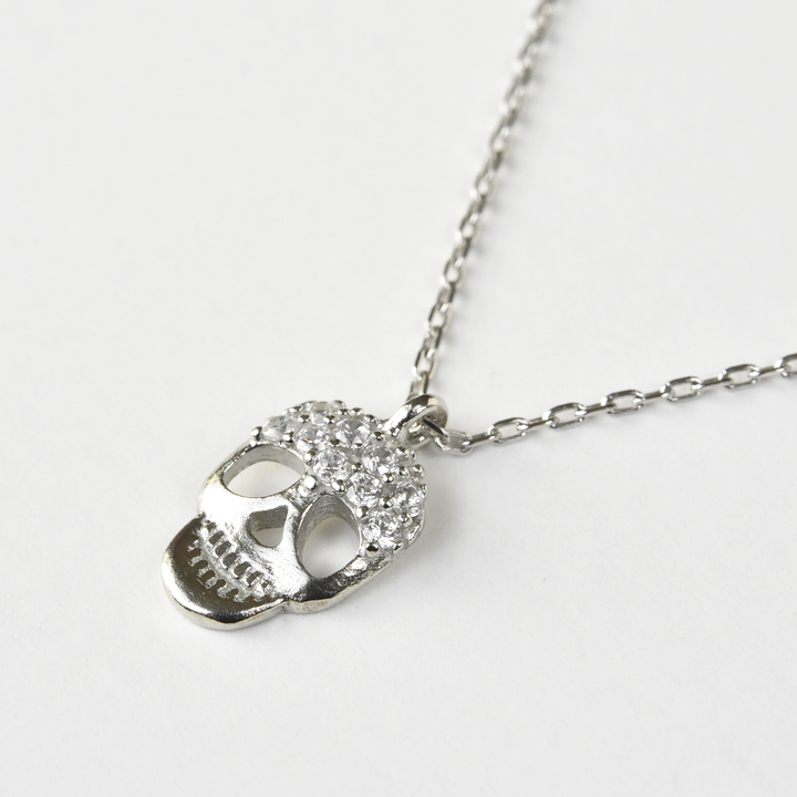 Silver Memento Mori Necklace with Crystals - Goldmakers Fine Jewelry
