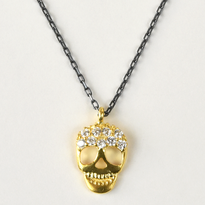 Mixed Metal Memento Mori Necklace with Crystals - Goldmakers Fine Jewelry