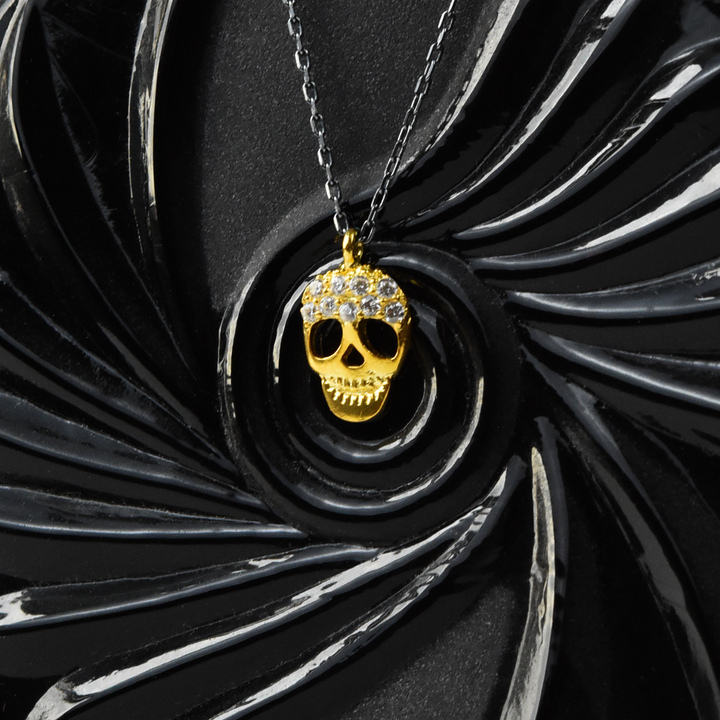 Mixed Metal Memento Mori Necklace with Crystals - Goldmakers Fine Jewelry