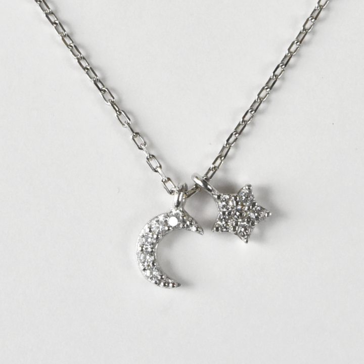 Crystal Moon and Star Necklace in Silver - Goldmakers Fine Jewelry