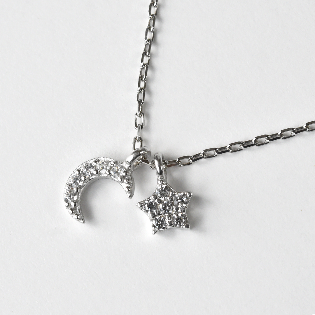 Crystal Moon and Star Necklace in Silver - Goldmakers Fine Jewelry