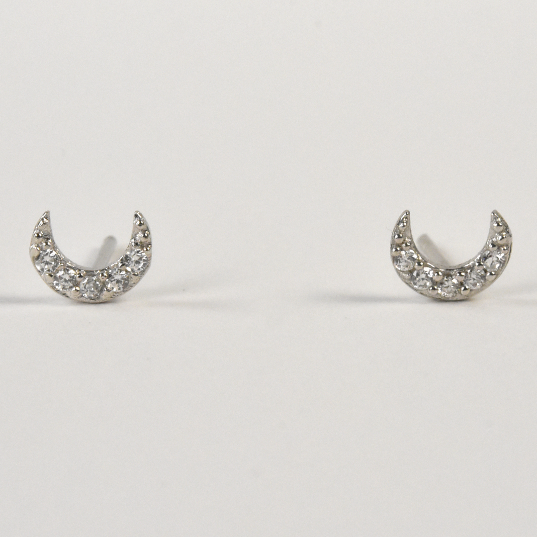 Crystal Encrusted Silver Crescent Moon Studs - Goldmakers Fine Jewelry