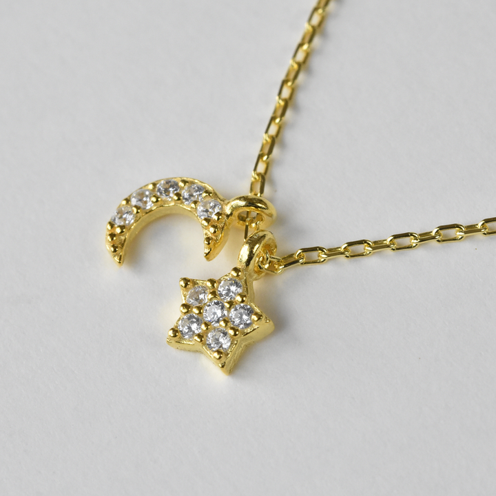 Crystal Moon and Star Necklace in Gold Vermeil - Goldmakers Fine Jewelry