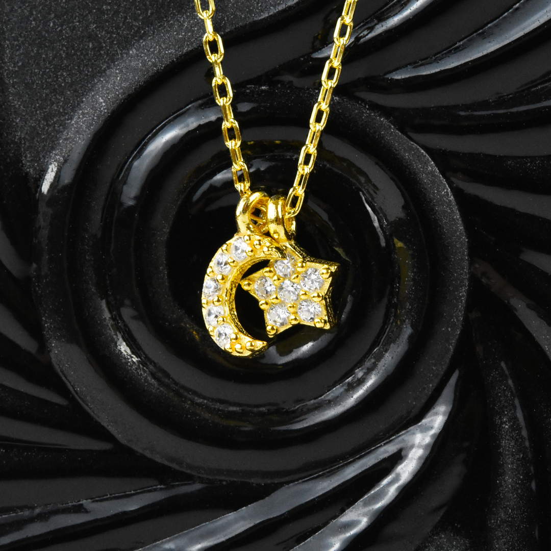 Crystal Moon and Star Necklace in Gold Vermeil - Goldmakers Fine Jewelry