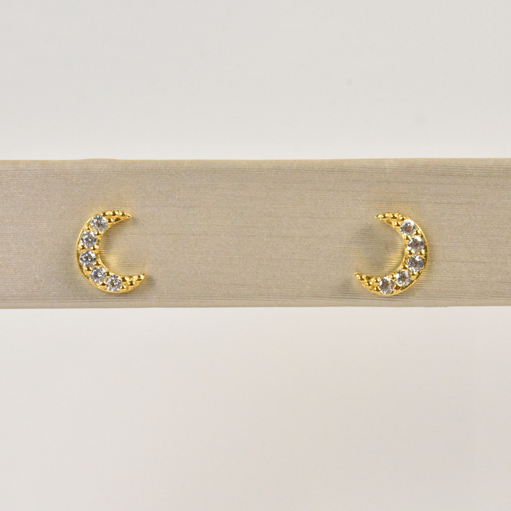 Crystal Encrusted Gold Vermeil Crescent Moon Studs - Goldmakers Fine Jewelry