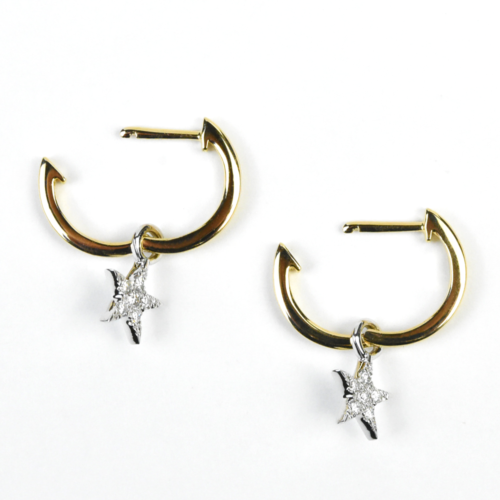 Yellow Gold Huggies with Dangling Star - Goldmakers Fine Jewelry