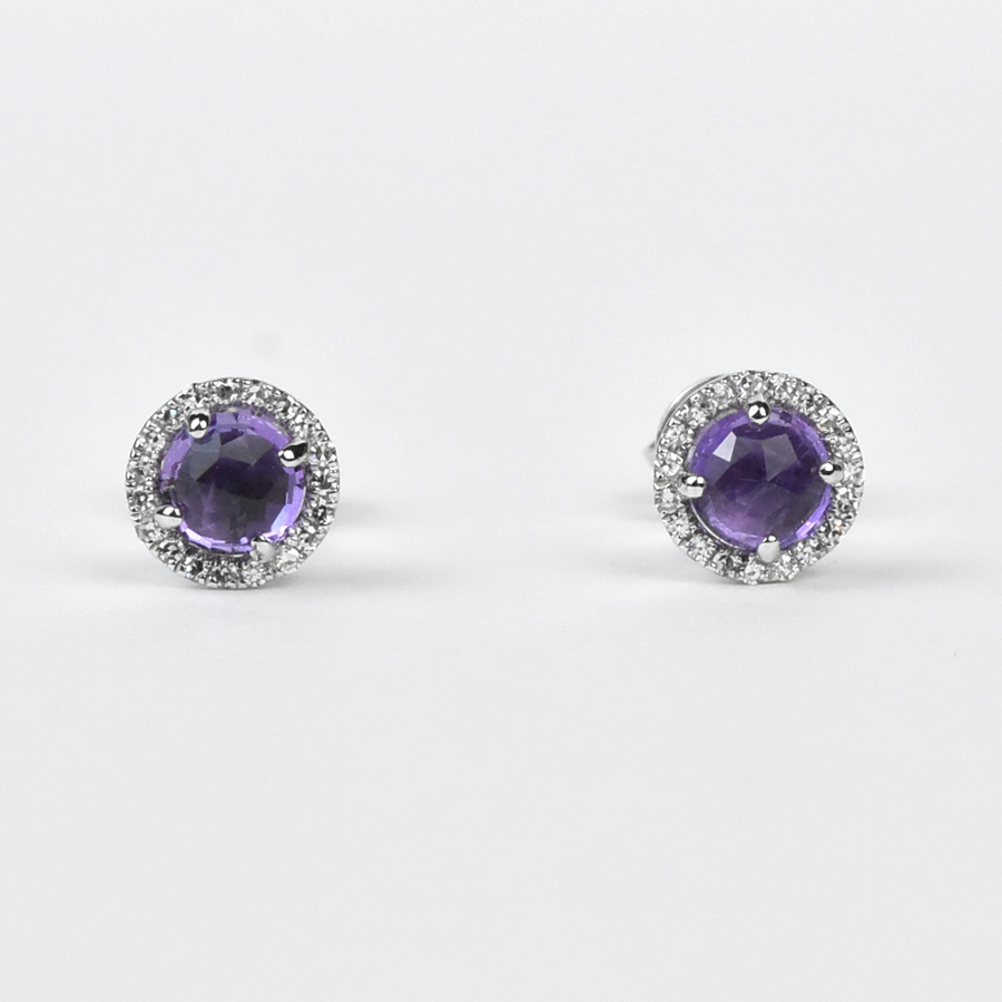 Amethyst and Diamond Halo Studs in White Gold - Goldmakers Fine Jewelry
