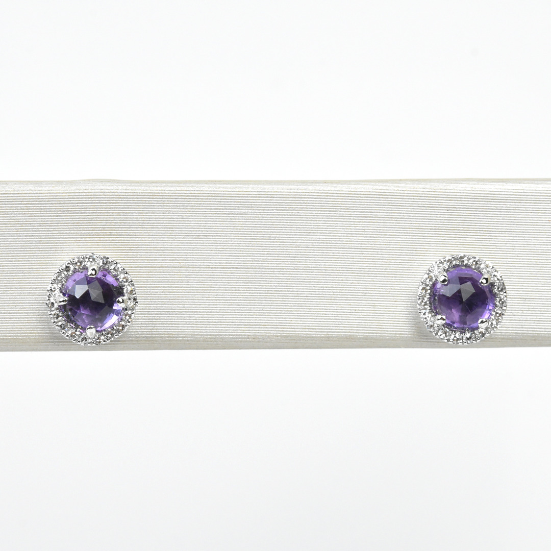 Amethyst and Diamond Halo Studs in White Gold - Goldmakers Fine Jewelry