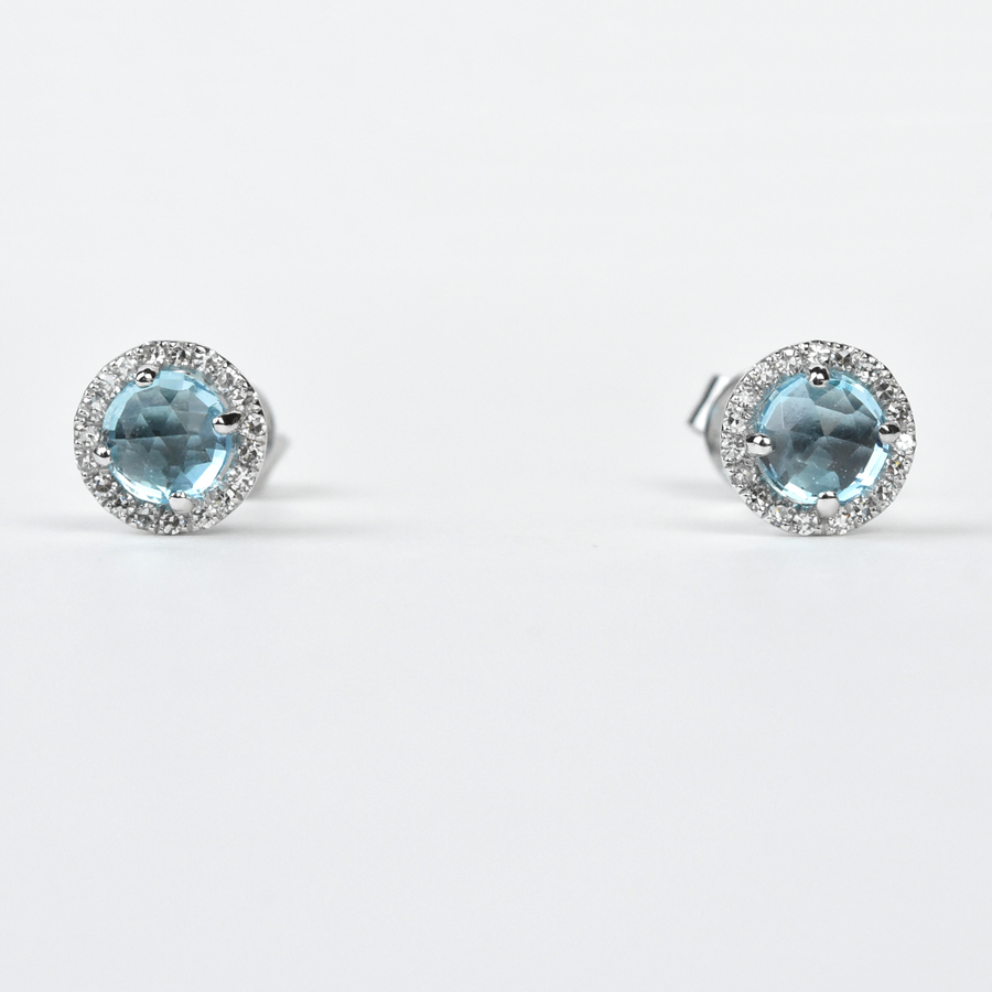 Blue Topaz and Diamond Halo Studs in White Gold - Goldmakers Fine Jewelry
