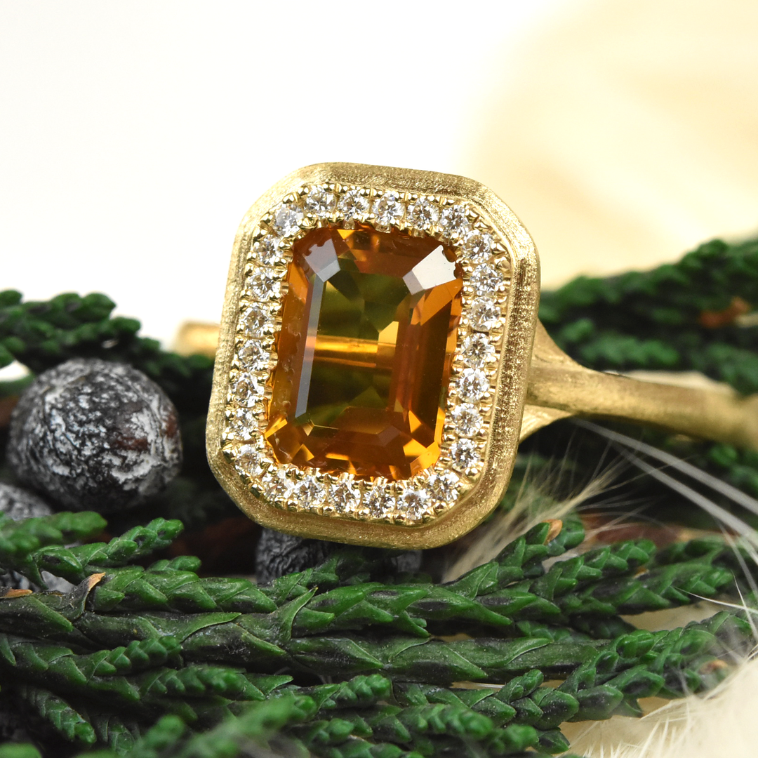 Citrine and Diamond Ring In 14k Yellow Gold Matte Finish - Goldmakers Fine Jewelry