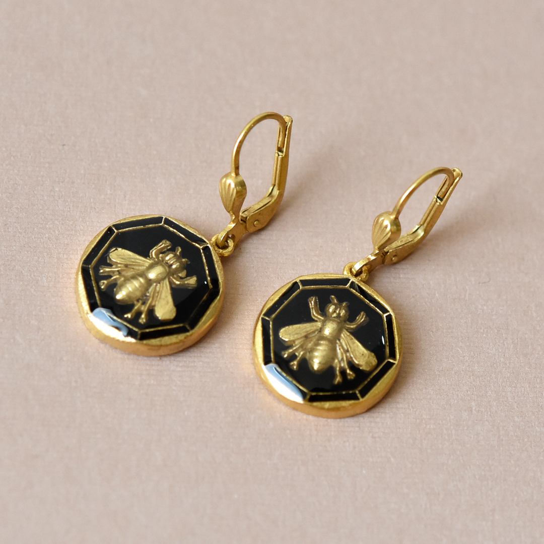 Enamel Bee Earrings in Black - Goldmakers Fine Jewelry