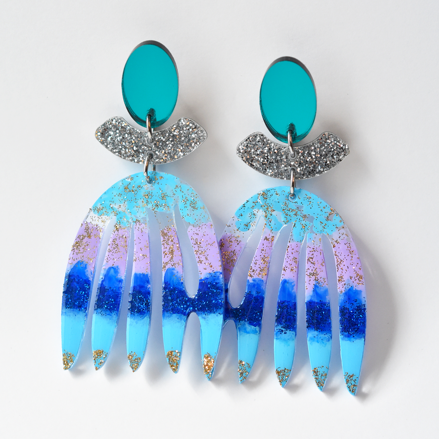 Blue Mirror Abstract Art Drop Earrings - Goldmakers Fine Jewelry