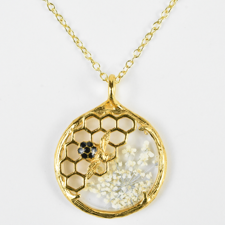 Honeycomb Glass Botanical Necklace with Queen Anne's Lace - Goldmakers Fine Jewelry